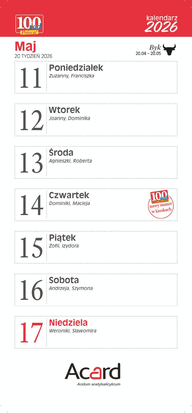 Kalendarz z poradami ścienny zdzierak 2026 rok